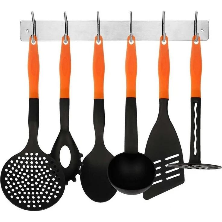 Lantelme Kochbesteck-Set Kochbesteck orange-schwarz (7-tlg), Küchenhelfer mit Hakenleiste