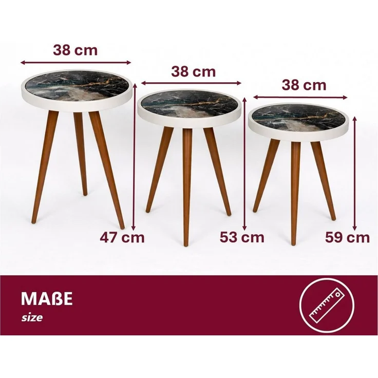 HOOZ Beistelltisch SSatztisch 3er Set Beine Holz rund Ø 38cm, Höhen: 47/ 53/ 59cm Schwarz (Set, 3-St, 3× Sofatisch), Platzsparendes 3er Couchtisch Set – flexibel ineinander schiebbar – Bild 4