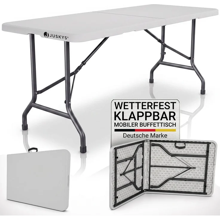 JUSKYS® Klappbarer Gartentisch Easyfold Weiß - Wetterfester, Klapptisch mit Tragegriff, stabiler multifunktionaler Buffettisch, 180x74x74 cm, 200 kg belastbar – Bild 1