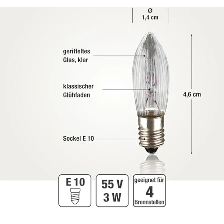 hellum Ersatz-Kerzen für Schwibbogen, 25 Stück 55V 3W Riffelkerze für Weihnachtsbaum Kerzen Lichterketten innen mit 4 Brennstellen, Birnen für Lichterbogen E10/ 55V/ 3W/ 22 Lumen 916119 – Bild 4