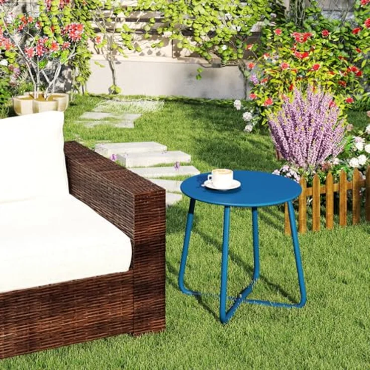 HollyHOME Beistelltisch Outdoor Balkontisch Klein Gartentisch Rund Beistelltisch Metall Wetterfest Loungetisch Outdoor Couchtisch für Patio Terrasse Wohnzimmer, Navy Blau – Bild 4