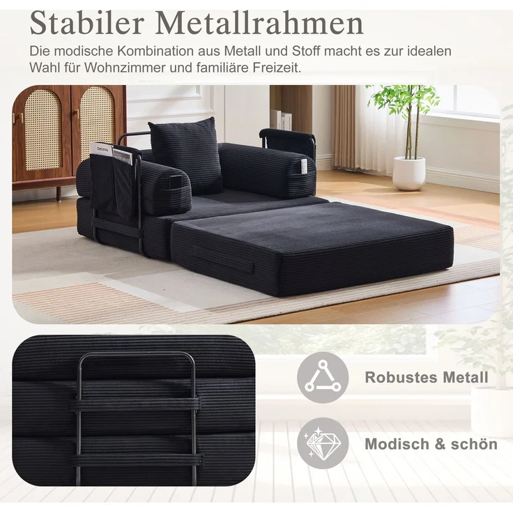 LVHOM 3-in-1 Schlafsessel, Klappsofa mit Schlaffunktion, Einzelschlafsofa mit Seitentaschen und Kissen, Polstersofa aus Cordstoff, frei Kombination, Schwarz – Bild 6