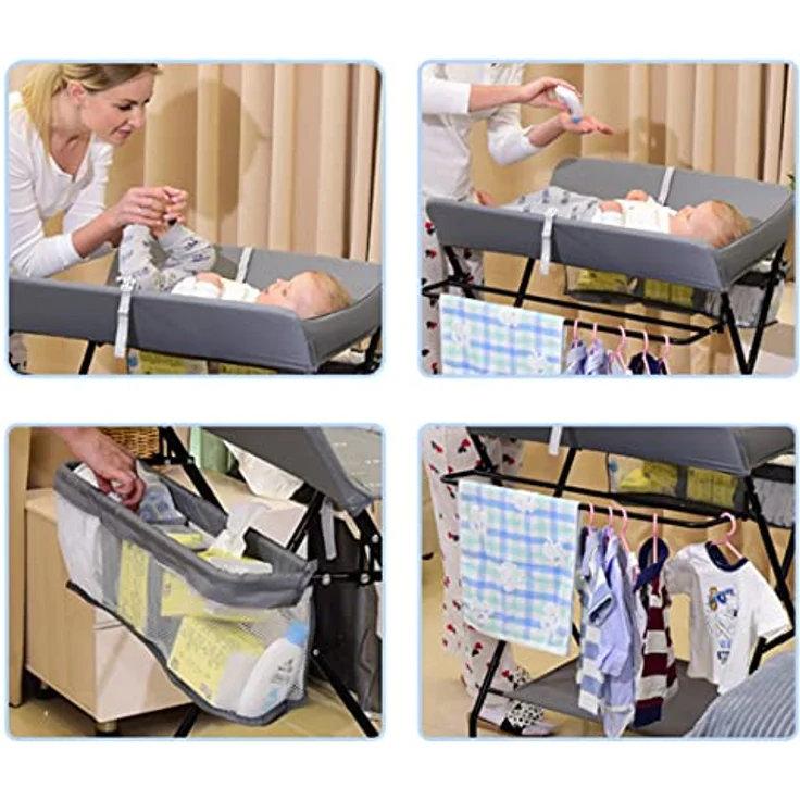 SABUIDDS Wickeltisch Klappbarer und tragbarer Baby Wickelkombi auf Rollen Wickelkommode 3 stufig-höhenverstellbare Wickelkommde, mit Wickelauflage, Sicherheitsgurt und Ablagefächern (Grau) – Bild 6