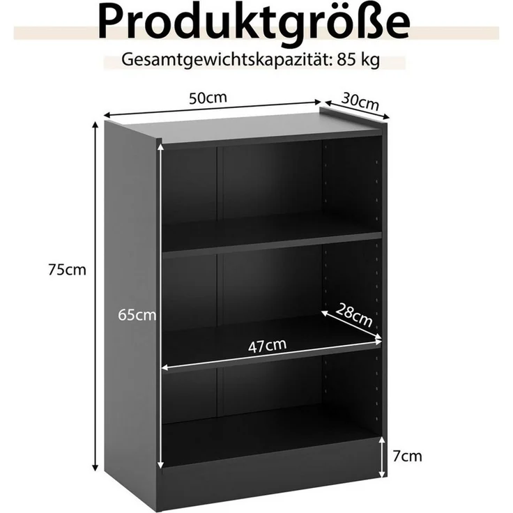 COSTWAY Bücherregal, mit 3 Fächern & verstellbaren Regalen, 30 x 50 x 75 cm – Bild 2