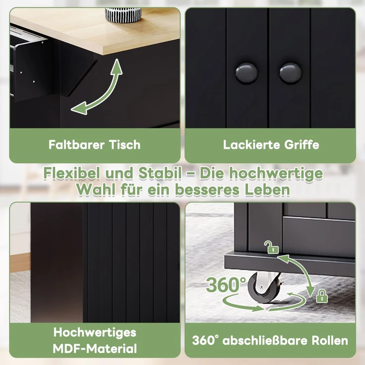 Merax Kücheninsel mit klappbarer Arbeitsplatte, Küchenschrank auf 6 feststellbaren Rollen, mit Ablage, Türregal, 2 großen Schubladen und Schrank, Schwarz, 137 x 89,5 x 45 cm – Bild 5