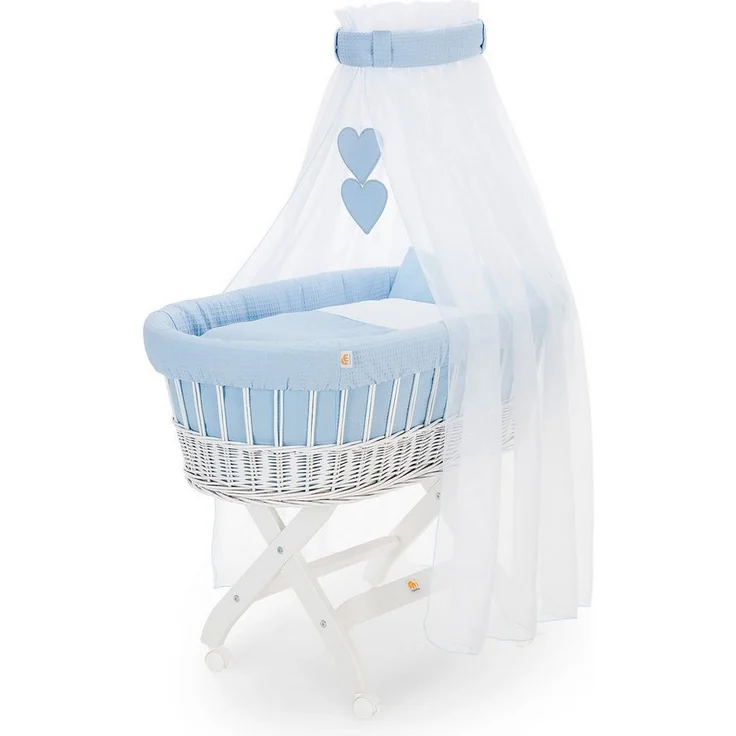 FabiMax Stubenwagen Weiß lackiert, 2 in 1 Musselin / Waffelpiqué Komplettset Blau mit Decke und Kissen – Bild 1
