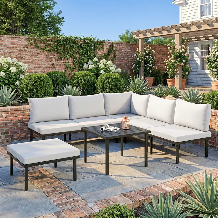 Wohnora-Lounge Gartenmöbel Set 5-6 Personen Gartenlounge Set mit 2 Sitzer Gartensofa 2 Stühle Eckstuhl Lamell-Tisch Fußhocker,H 64cm x T 234cm x B 176cm,Hellgrau – Bild 3