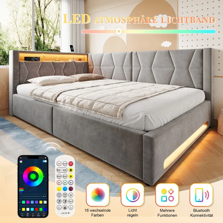 TavilaEcon Polsterbett Samtbett mit LED-Beleuchtung an Kopf- und Fußteil, USB & Type-C grau Liegefläche 140 × 200 cm – Bild 4