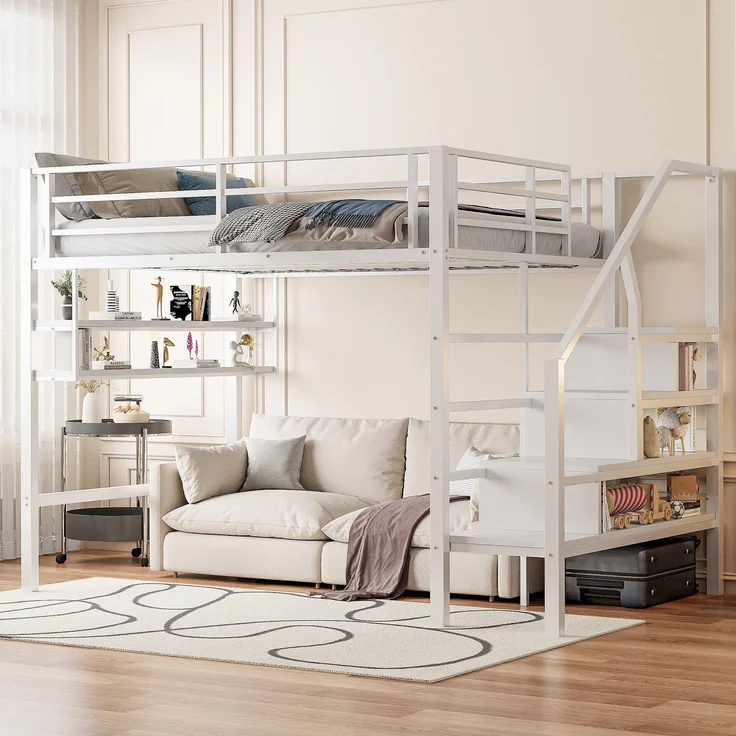 Hochbett mit Lattenrost, 140x200 cm, Metallbett mit Rausfallschutz, Regal, Treppe, Jugendbett, Kinderbett – Bild 4