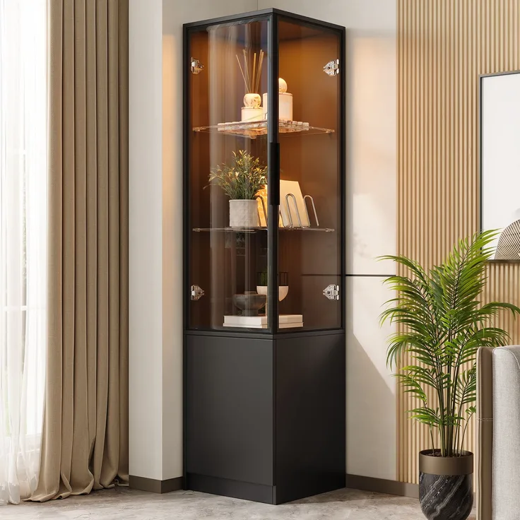 Eckvitrine 40 x 40 x 160 cm aus Spanplatte mit Glasfront und App-gesteuerter LED-Beleuchtung