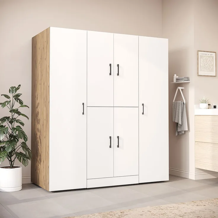 Roomart Waschmaschinenschrank - DORA-I- 160 cm breit - Wasch- & Trocknerschrank mit 2 Hochschränken, Türen & Ausziehbrett, Waschmaschinen-Überbau für Waschküche & Hauswirtschaftsraum • Weiß-Eiche
