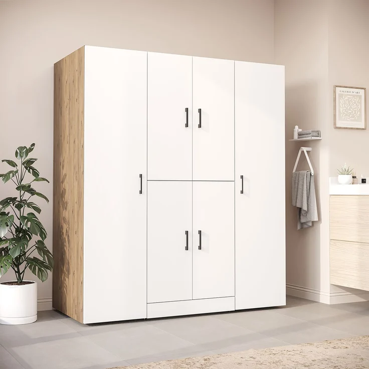 Roomart Waschmaschinenschrank - DORA-I- 160 cm breit - Wasch- & Trocknerschrank mit 2 Hochschränken, Türen & Ausziehbrett, Waschmaschinen-Überbau für Waschküche & Hauswirtschaftsraum • Weiß-Eiche – Bild 1