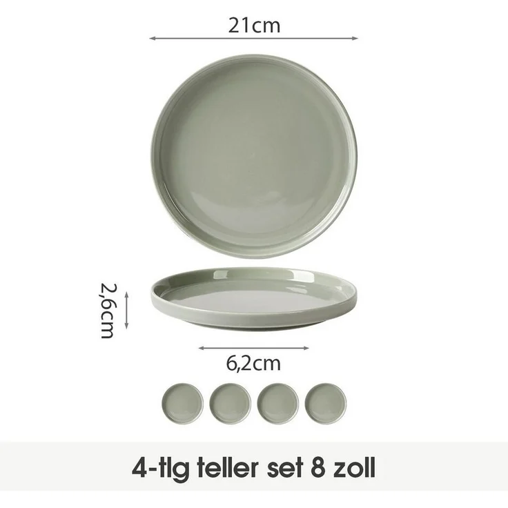 JIWOO Teller 4er Ø20,5cm,Frühstücksteller Steakteller Pastateller Brotteller Plate, (4 St), Keramik Hochwertiges Tellerset Grau Mikrowellen spülmaschinenfest – Bild 1