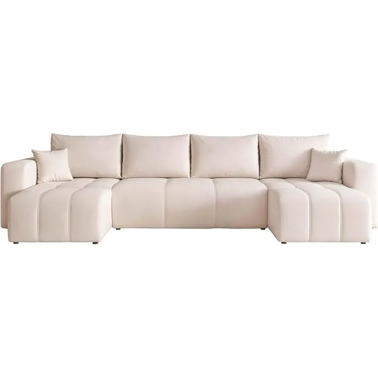 Beige-farbenes U-förmiges Ecksofa mit Schlaffunktion und Stauraum