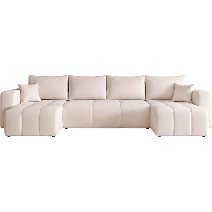 Beige-farbenes U-förmiges Ecksofa mit Schlaffunktion und Stauraum – Bild 1