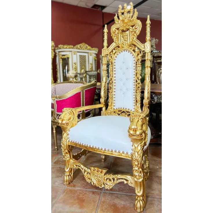 Casa Padrino Barock Thron Sessel mit Kunstleder und Glitzersteinen Weiß / Gold - Handgefertigter Königssessel - Hochzeitssessel - Riesensessel - Prunkvolle Barock Möbel