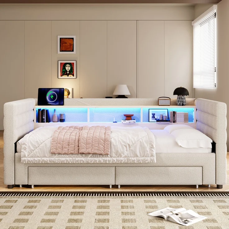 Merax Polsterbett, 90 × 190 cm, Tagesbett, Daybett, Schlafsofa, multifunktionales Ausziehbett-Design, USB- + Typ-C-Anschlüsse, mit 2 Schubladen, LED-Lichtleiste, Samt, beige – Bild 3