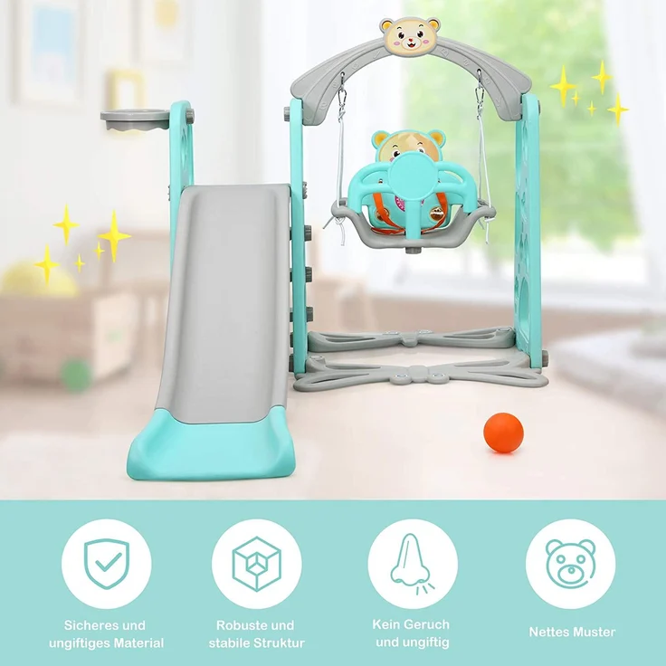 COSTWAY 4 in 1 Kinder Spielplatz, Kinder Rutsche Kletterleiter & Schaukel & Basketballkorb fuer Kinder, Schaukelgeruest, Kinderschaukel, Kinderrutsche fuer Outdoor und Indoor Gruen – Bild 3