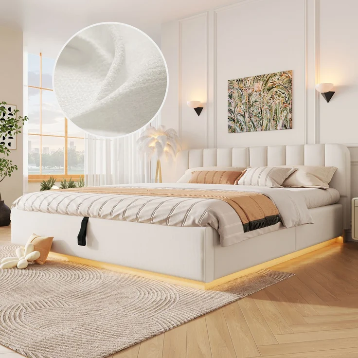 Polsterbett, Doppelbett, 180 x 200 cm, Bett mit Lattenrost, Kopfteil, Gepolstertes Kopfteil, Hydraulische Lagerung, Mit LED-Lichtleiste, Ohne Matratze, Beige Chenille – Bild 2