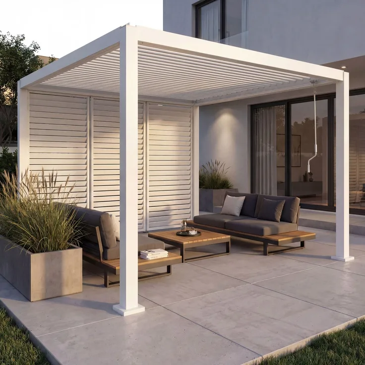 Pergola HWC-P65 mit 3x Lamellenwand, Terrassenüberdachung Garten Lamellen-Pavillon, 10cm-Alu-Gestell 3x3m ~ weiß