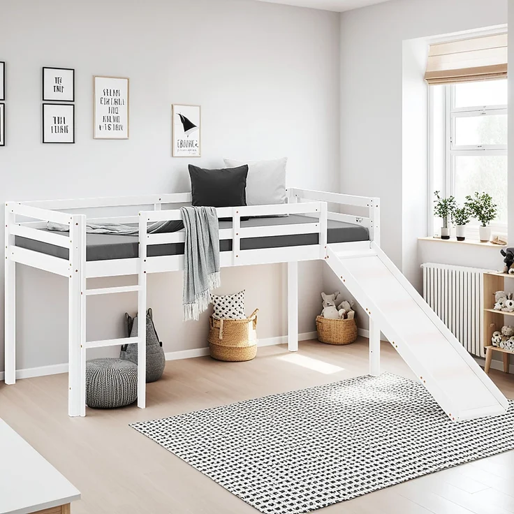 Halbhochbett Spielbett Kinderbett Leiter Rutsche Kiefer 90x200 cm massiv Jugendbett – Bild 2