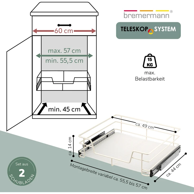Teleskopschubladen 2er Set - für 60 cm Schrank mit Einlegeboden, aus Metall, (Cremeweiß) – Bild 7