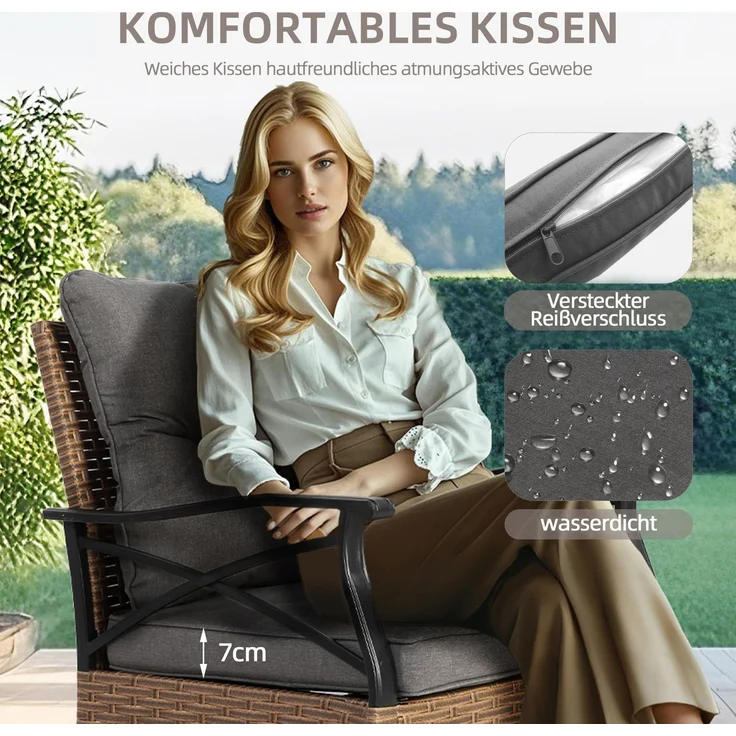 LVHOM Gartenmöbel-Set 3-tlg, Balkonset inkl. 2 drehbare Sessel und Tisch, Polyrattan, wetterfest, Gartenlounge-Set, Grau – Bild 8