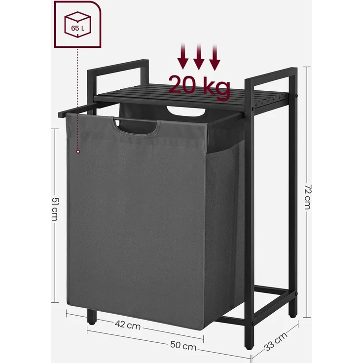 Vasagle Wäschekorb ausziehbar, Metallrahmen Dunkelgrau, 65 L / 50 x 33 x 72 cm – Bild 5