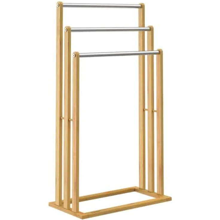 Casaria Handtuchständer, Freistehend Bambus Holz Handtuchhalter Ohne Bohren 3 Stangen Edelstahl – Bild 9