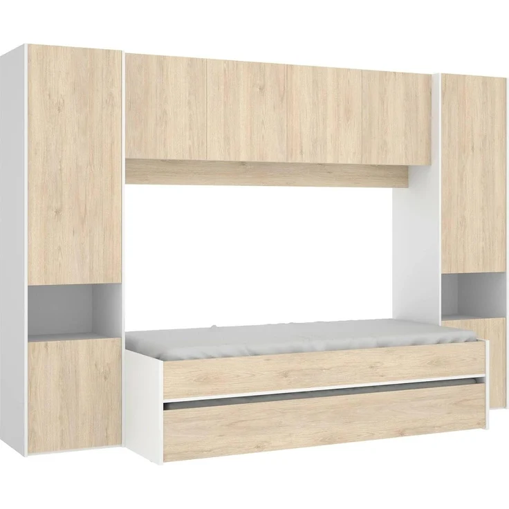 Dmora - Kinderbett Venturosa, Komplettes Schlafzimmer mit Bridge-Kleiderschrank und Kommode, Komposition mit Bett und Einzelausziehbett, 303 x 97 x 203 cm, Eiche und Weiß – Bild 8