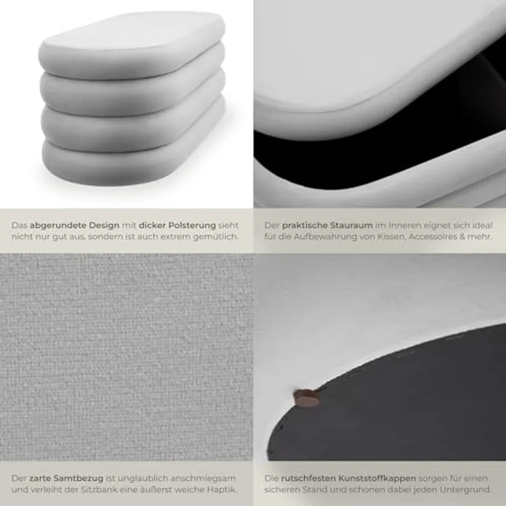tectake® Sitzbank mit Stauraum, Scandi Samt Sitzhocker, Hocker mit Stauraum, Pouf, Polsterhocker, Sitztruhe, Truhe mit Deckel, Truhenbank mit Stauraum, Möbel Wohnzimmer - Samtoptik grau – Bild 6