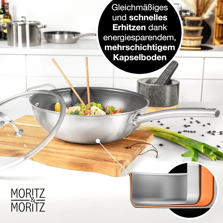 Moritz & Moritz Wok Wokpfanne 30cm mit Deckel, Edelstahl (Set), Antihaft – Bild 8
