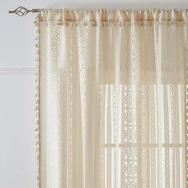 Zyronn Scheibengardine Boho-Quasten-Vorhänge für Wohnzimmer, Vintage-Stil (2 St) – Bild 3