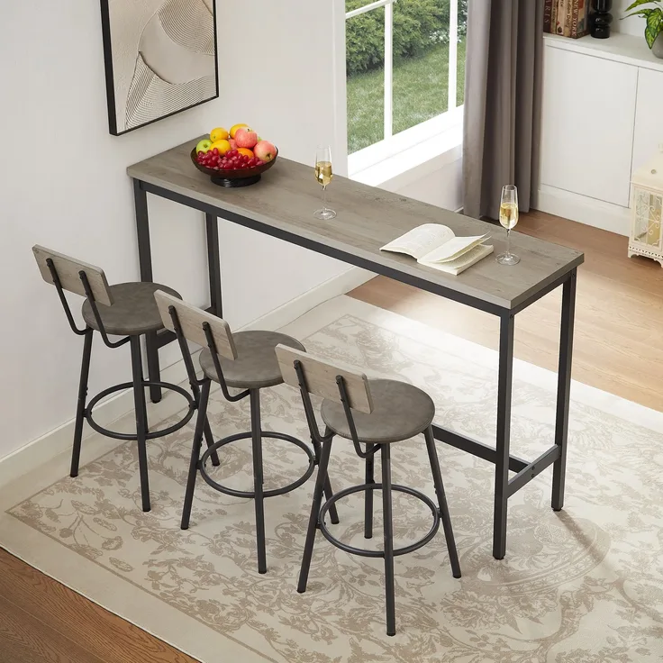 Bartisch-Set 160x40x95,5 cm mit 3 Barhockern, Schwarz/Grau, Spanplatte und Stahl