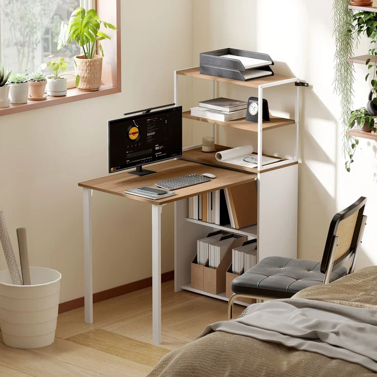 MELAYR, Schreibtisch Klappbar Küchentisch mit 4 Regal Computertisch Arbeitstisch Laptoptisch 105 x 60 x 127 cm Naturholz – Bild 4