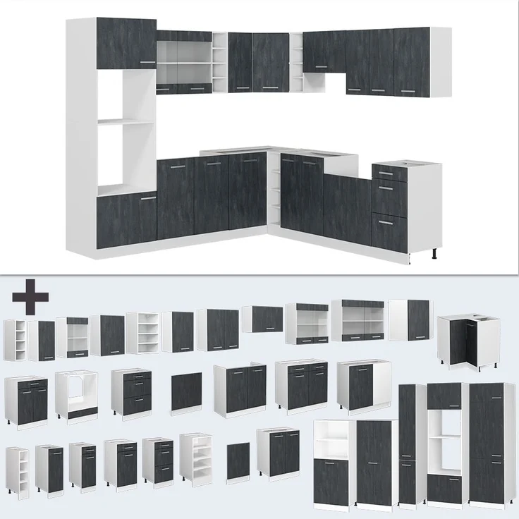 Einbauküche in L-Form R-Line Schwarz Beton/Weiß 247 x 46 cm ohne Arbeitsplatte Vicco – Bild 4