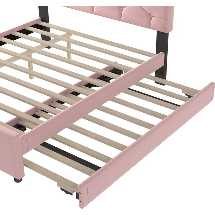 Polsterbett 140×200 cm aus Samt-Stoff mit Rollbett und Lattenrost, rosa – Bild 8
