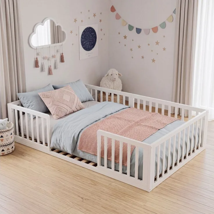 roba® Kinderbett - Bodenbett aus stabilem Holz - Montessori - Kinder & Kleinkinder (Liegefläche: 70x140 cm, 90x200 cm, 120x200 cm, 140x200 cm, Spielbett - Inklusive Lattenrost & Rausfallschutz), Bodennahes Schlafkonzept für Kleinkinder