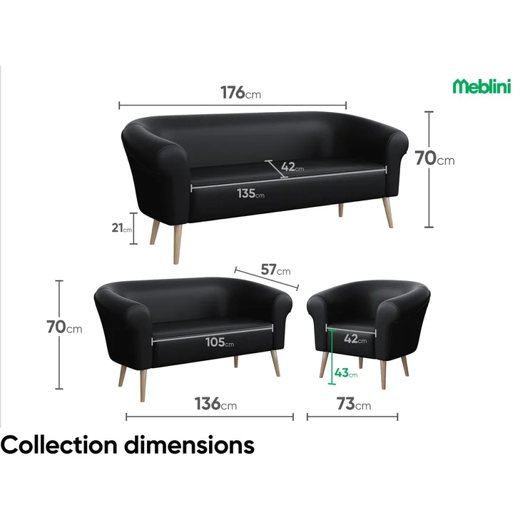 MEBLINI Sofa-Set EMILIA 3+1+1 - Schwarz Kunstleder - für Wohnzimmer - Mini Lounge für fünf Personen - Küchensofa - Sofa Klein - Sitzgarnitur - Polstergarnitur - Sofagarnituren – Bild 6