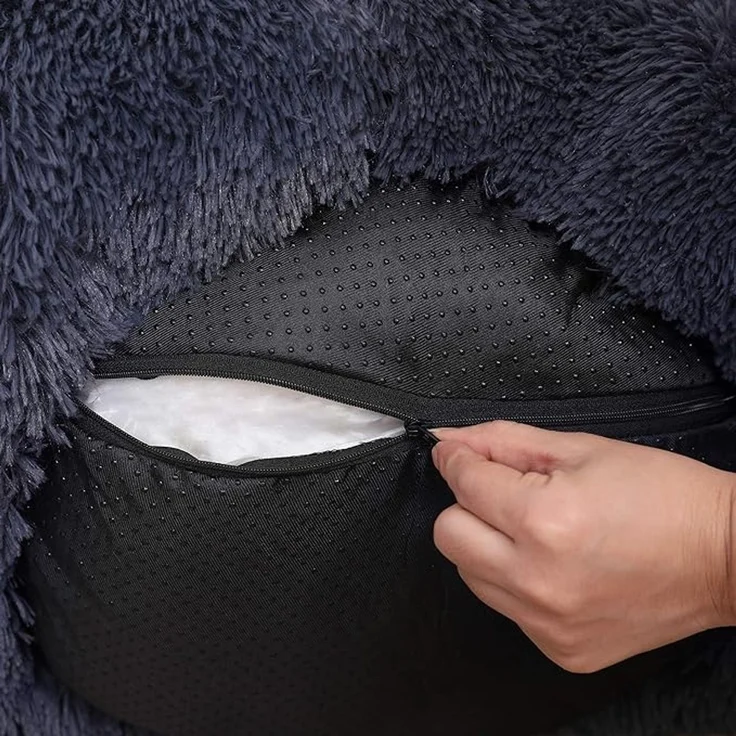Feandrea Hundebett flauschig, Katzenbett, Donut Kissen, waschbar, Polsterung in der Mitte herausnehmbar, langer Plüsch, 80 cm Durchmesser, dunkelgrau – Bild 4