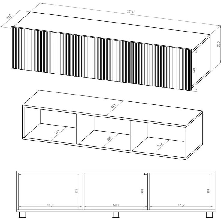 Lomadox Lowboard KEMPTEN-132, in schwarz matt, Rillenfront, 2-türig, 150 cm breit, Softclose – Bild 3