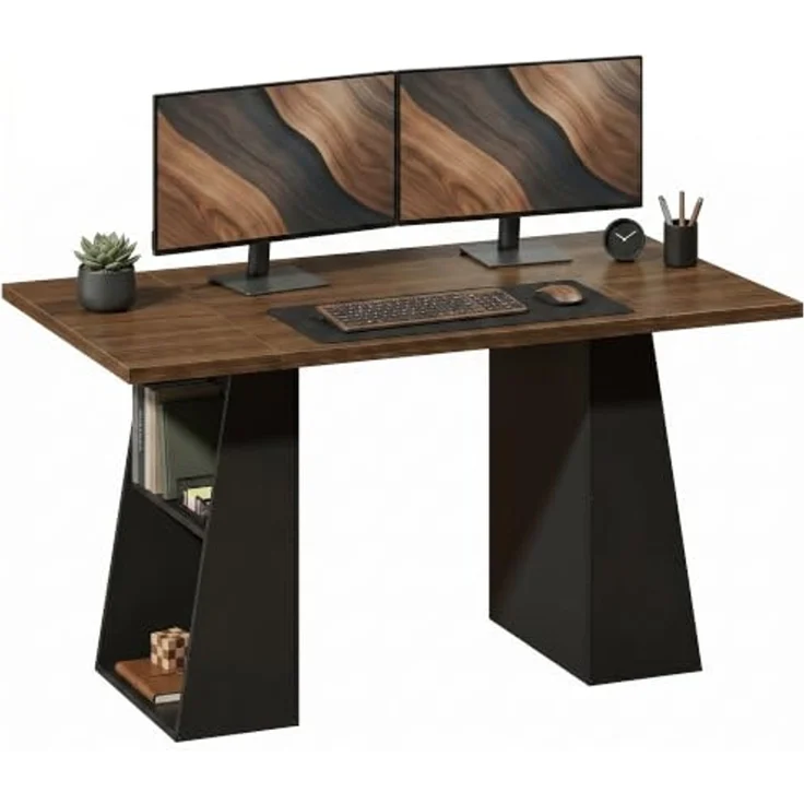 HOMCOM Schreibtisch Computertisch, Arbeitstisch mit Metallrahmen, Home Office (nicht anwendbar, 1-St, 1 Tisch), für Home Office und Arbeitszimmer, Braun, Schwarz – Bild 1