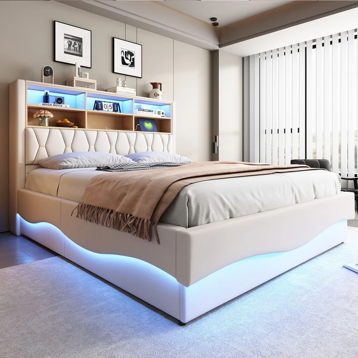 Merax Polsterbett, 180×200cm Doppelbett, mit hydraulischem Stauraum APP-gesteuertes LED-Lichtband USB-Ladeanschluss Metall-Lattenrost, Leinenpolsterung, Beige – Bild 7