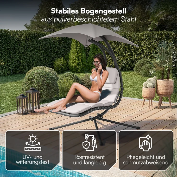 STEELSØN 'Nyria' Schwebeliege, beige, wetterfest, bis 120 kg belastbar, Hängeliege mit Sonnenschirm und Polster – Bild 5