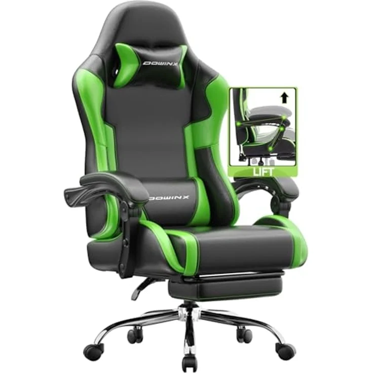 Dowinx Gaming Stuhl Bürostuhl Massage Gaming Sessel mit höhenverstellbaren Linkage-Armlehnen, ergonomischer Gamer Stuhl mit Fußstütze, gepolstert Gaming Chair 150° neigbar bis 180 kg, Grün – Bild 1