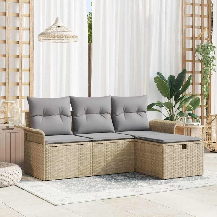 vidaXL Garten-Sofa-Set mit Kissen mit Speicher 4 pcs Beige Poly Rattan 3360181 – Bild 1