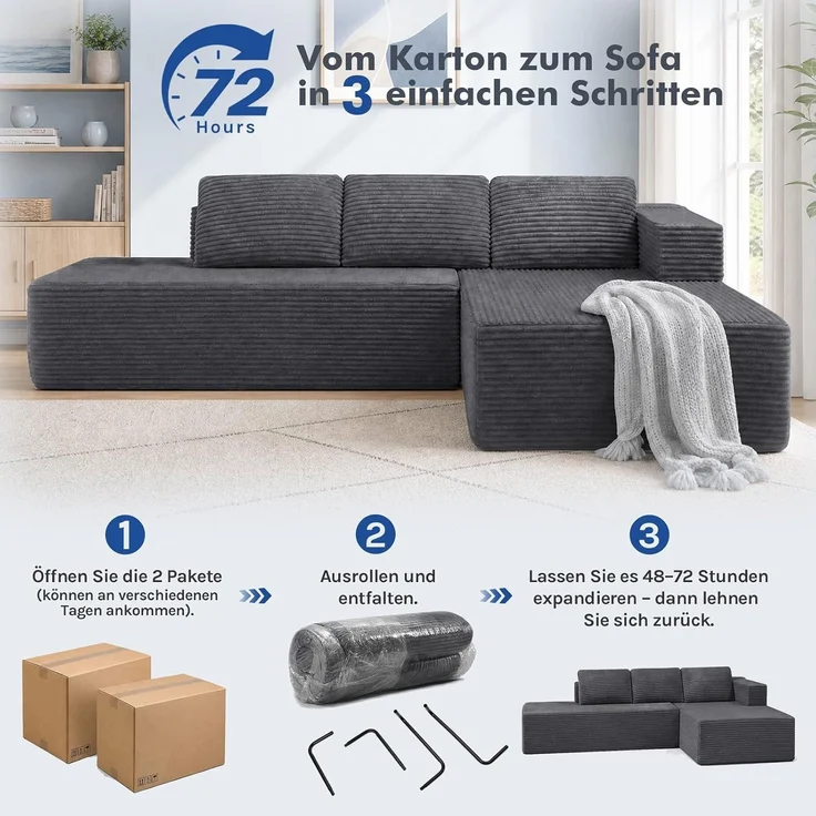 COMHOMA Ecksofa mit Schlaffunktion, 255cm Corduroy Modulares Boneless Couch mit Chaiselongue & Rücken-Metallgestell, L-Form Schlafsofa mit offenem Design, Kissen & Seitentaschen,für Wohnzimmer, Gris-L – Bild 14