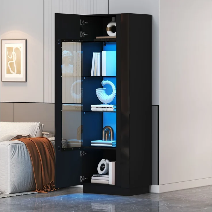 DESVIAE Regal als Vitrine Schwarz aus Spanplatte – 60x180x40 cm – Acrylglastür, LED-Beleuchtung – Bild 1