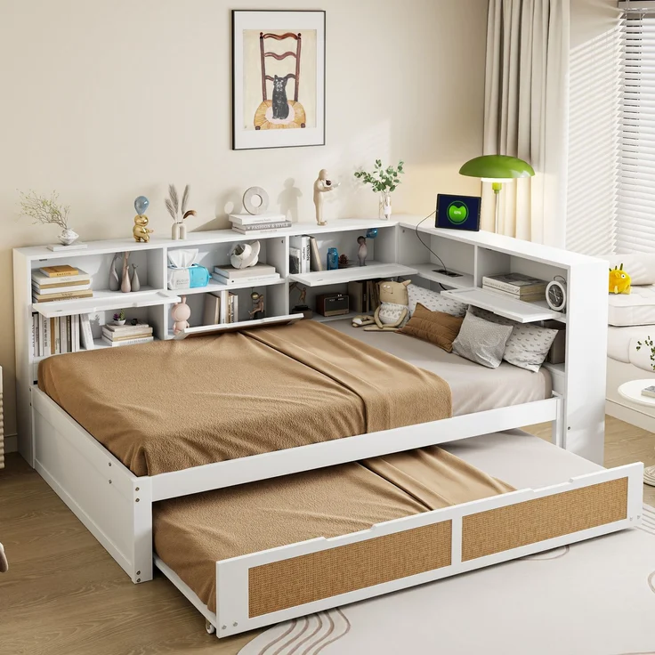 Multifunktionales Massivholz-Schlafsofa mit Ausziehbett 140x200 cm, Stauraum & USB-Anschlüssen, Gäste- & Tagesbett, Weiß – Bild 3