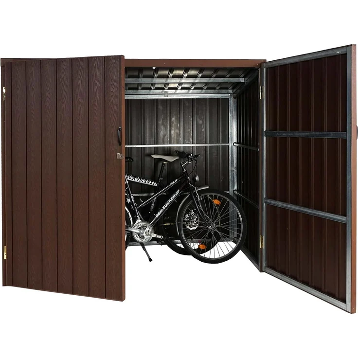 WPC-Fahrradgarage HWC-J29, Geräteschuppen Fahrradbox, Metall Holzoptik abschließbar ~ 2 Räder 172x213x112cm braun – Bild 1